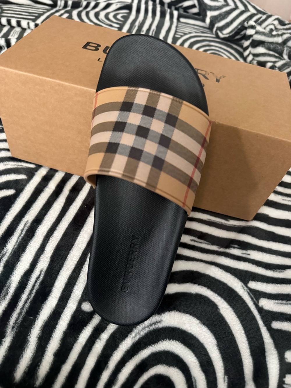 Burberry Tan & Black Check Slide Sandal